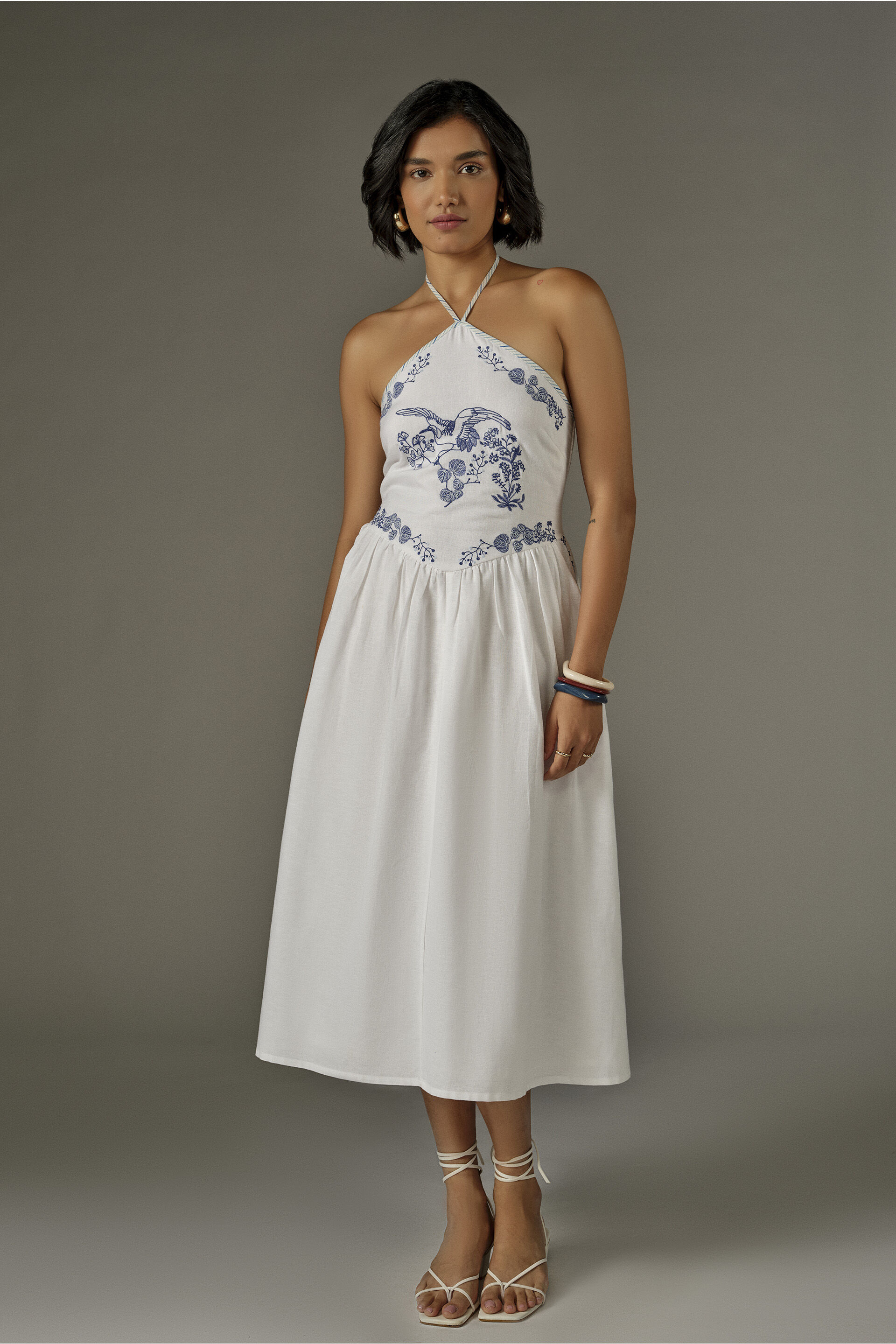 Halter Neckline Embroidered Midi Dress in White